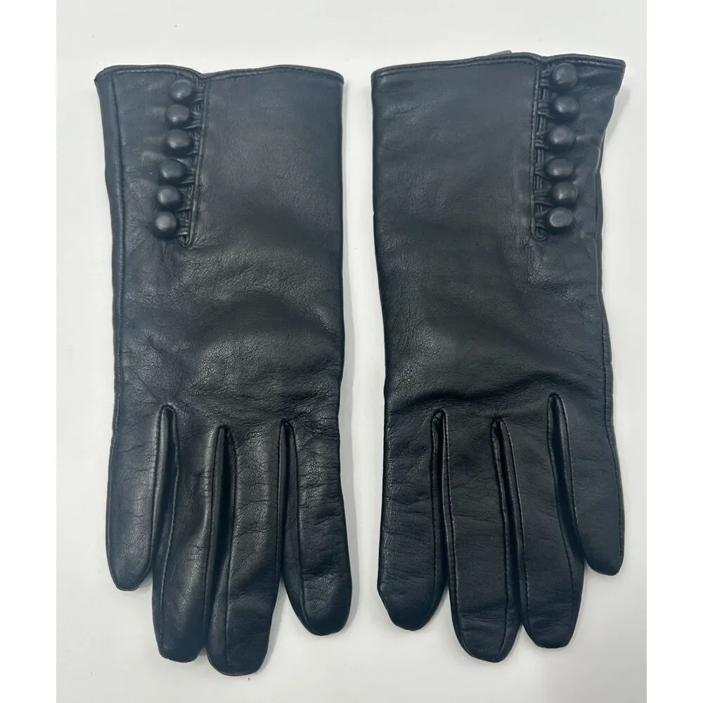 Vintage Steampunk Black Leather Cashmere Button Cuff Gauntlet Gloves Women's